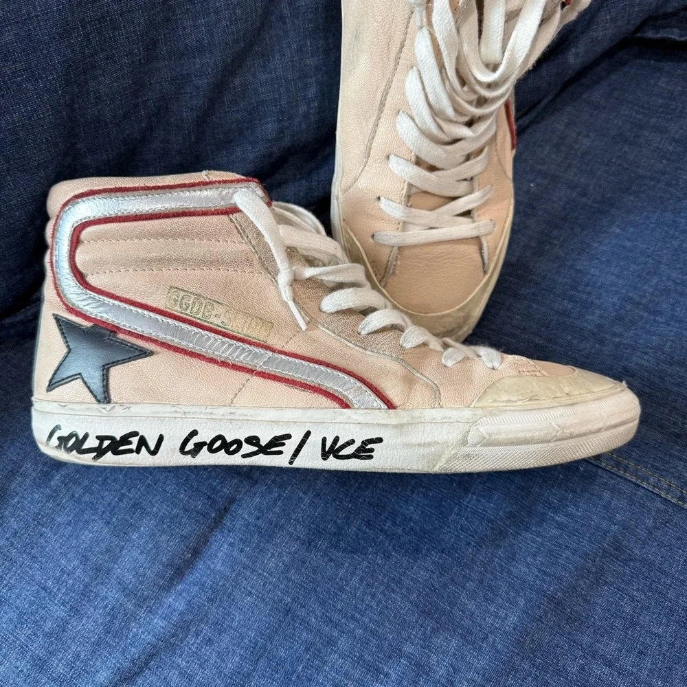 Golden Goose Beige High-Top Sneakers with Red & Silver Accents
